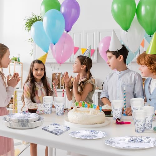Kochorie 96 Piece Blue and White Floral Disposable Party Supplies Elegant Floral Paper Plates, Cups, and Napkins 9 Inch and 7 Inch Plates Serves 24 Guests for Birthday or Baby Shower - Image 5