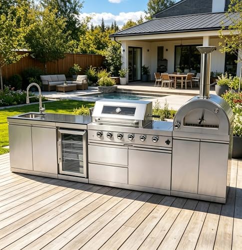 125" Outdoor Kitchen Island,Stainless Steel Natural Gas BBQ Grill with with Standalone Side Burner Pizza Oven, Rotisserie, Refrigerator, Granite Countertop, Storage Cabinets Drawers 108000 BTU. by INOTEVERITORY