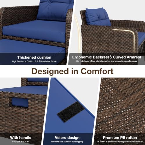 LHBcraft 5 Piece Patio Furniture Set, PE Wicker Outdoor Furniture Set with Soft Cushions & Coffee Table, Outdoor Lounge Chairs with Ottoman for Porch, Lawn, Balcony, Brown-Blue - Image 3