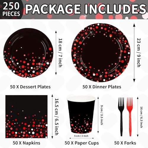 250 Pcs Black and Red Party Decorations, Serves 50 - Image 2