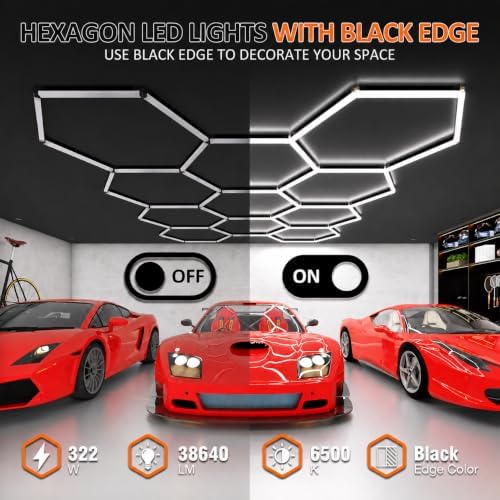 Black Hexagon Garage Lights 11 Hex, 6500K 38640 LM Super Bright Honeycomb LED Garage Ceiling Lights, Premium Car Detailing Lighting for Garage, Workshop, Gym, Barber Shop, Basement - Image 3