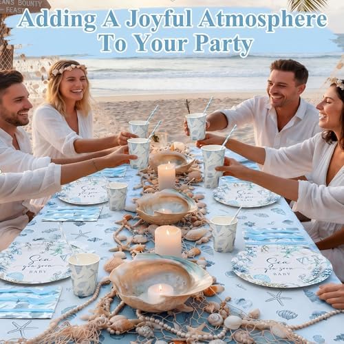 Sea You Soon Baby Shower Party Decorations Under The Sea Party Supplies Ocean Sea Animal Disposable Plates Plates Napkins Fork Seaside Seashell Tableware Set for Summer Birthday Supplies, Serves 25 - Image 7