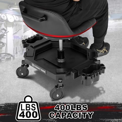 Rolling Stool with Wheels, Adjustable Height Pneumatic Garage Work Mechanic Stool Seat with Backrest, 400 LBS Capacity 360° Swivel Mechanic Crepper Chair with Tool Tray Storage, Black - Image 7