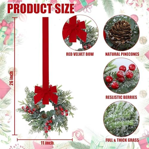 Sggvecsy 6 Pcs Christmas Mini Cabinet Wreaths Norfolk Pine Wreath with Ribbon Bows Red Berry Pinecones Artificial Small Kitchen Wreath for Window Front Door Farmhouse Wall Pillars Xmas Decorations - Image 7