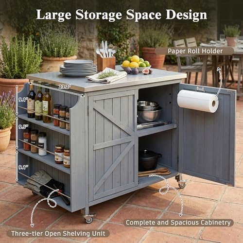 42.1" Outdoor Kitchen Island with Side Shelf and Stainless Top, Grey Blue - Image 5