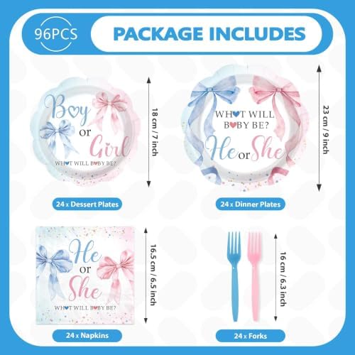 96Pcs Pink Blue Bow Gender Reveal Party Decorations, Serves 24 - Image 2