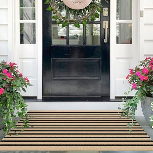 IOHOUZE 2.3x3.6 Striped Outdoor Door Mat, Washable Porch Rug, Tan Black by iOhouze