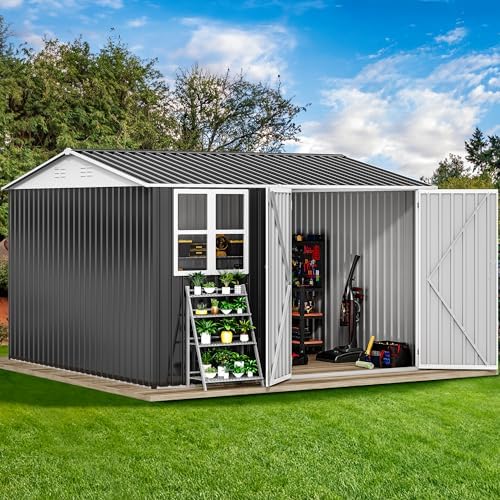 DWVO 10' x 10' Outdoor Metal Storage Shed with Windows & Lockable Doors - Image 2