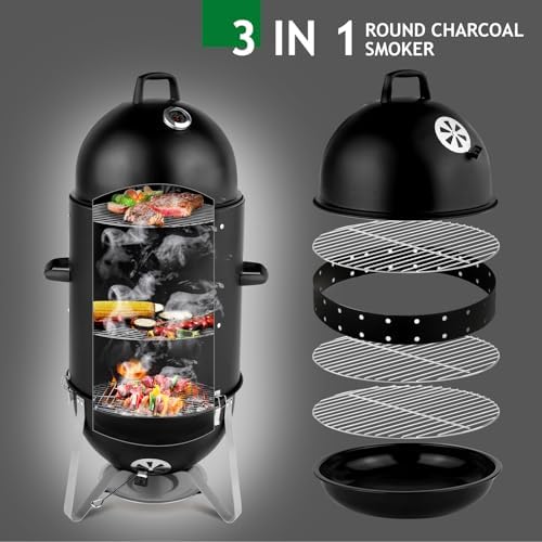 VINGLI 4-Tier 3-in-1 Vertical Charcoal Grill, 18.8 Charcoal Smoker with Built-in Thermometer, Air Vent and Access Doors, Perfect for Outdoor Cookings, Camping, Picnics, BBQs, and Tailgating Parties - Image 2