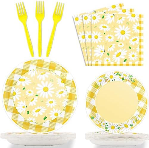 Wiooffen 96 Pcs Daisy Flower Party Supplies for 24 Guests Daisy Party Tableware Set Yellow Daisy Flower Birthday Party Pack Paper Plate Napkin Fork for Birthday Party Wedding Bridal Baby Shower by Wiooffen