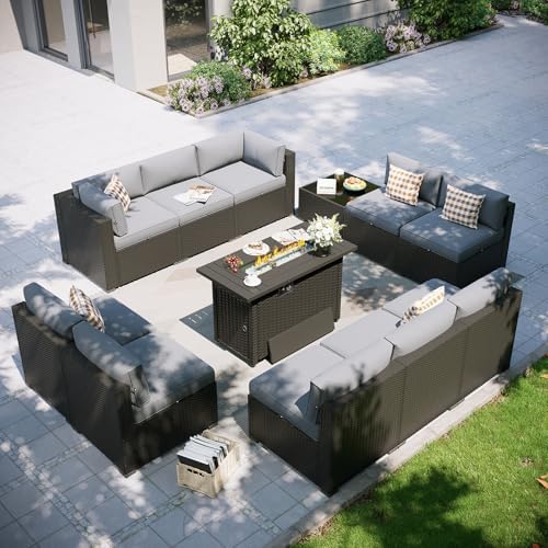Aoxun Patio Furniture Set with Fire Pit Table, 12 Piece Outdoor Sectional Sofas, 10 Seats Wicker Rattan Outdoor Furniture with Thickened Cushion for Backyard, Garden Light Grey by Aoxun