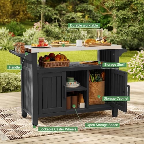 Bifanuo Outdoor Grill Table Grill Cart with Stainless Steel Top & Storage Cabinet for Food Prep and Storage, Portable and Durable with Wheels(Classic Black) - Image 6