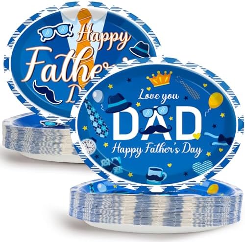 Qyeahkj 50 PCS Father's Day Oval Paper Plates Large 11” Disposable Happy Father's Day Party Decorations Love You Dad Supplies Favor for Papa Daddy's Grilling Gifts Party Tableware Set by Qyeahkj