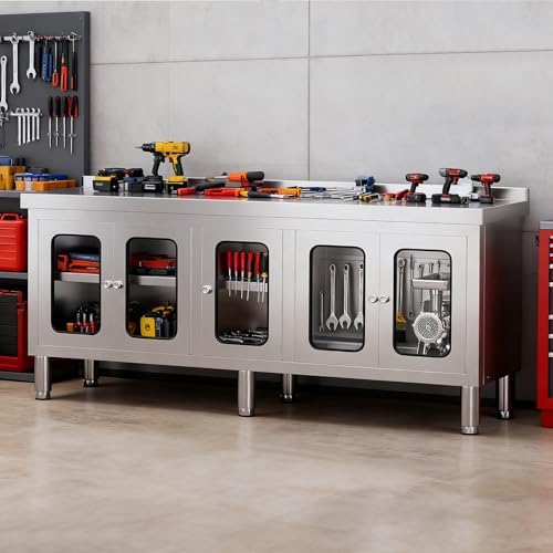70" Stainless Steel Table Cabinet Heavy Duty Prep Table with 304 Stainless Steel Worktop and 5 Glass Doors Commercial Worktable Workbench with Storage Cabinet for Kitchen Garage Restaurant Outdoor - Image 5