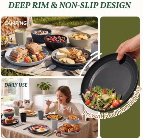 Homienly Wheat Straw Dinnerware Sets 20 PCS Unbreakable Plates and Bowls Set Microwave & Dishwasher Safe Dishes Set for 4 Kitchen Plate Set Party, Camping, RV, Picnic, Apartment-Black Grey - Image 7