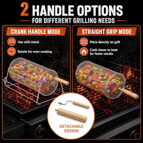 2-in-1 Rolling Grill Basket 304 Stainless Steel Rotatable with Dual Handles - Image 3