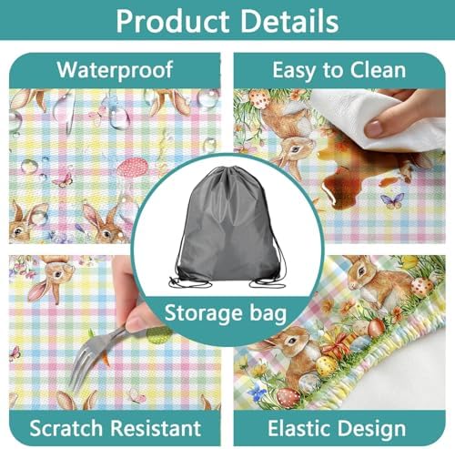 Easter Picnic Table Cover with Bench Covers, Camping Essentials, Easter Buffalo Plaid Bunny Eggs Flowers Outdoor Table Covers, Waterproof, Fitted Tablecloth Cover with Elastic Edge, 3 PCS, 30x72 Inch - Image 4
