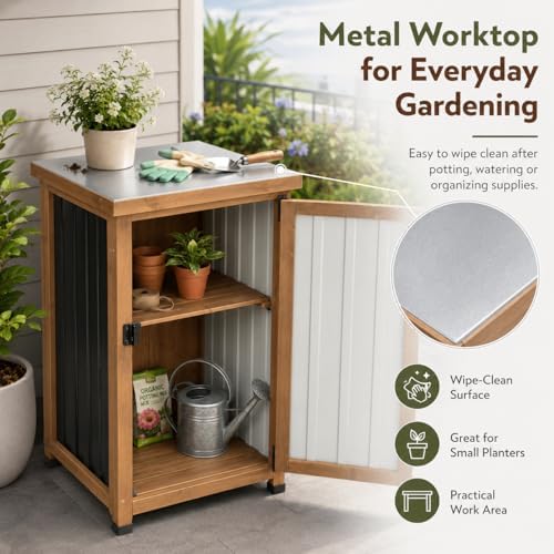 Ketive Outdoor Storage Cabinet with Metal Worktop, Small Garden Storage Cabinet with Adjustable Shelf, Weather-Resistant Fir Wood Tool Organizer for Patio, Backyard, Porch or Balcony - Image 4