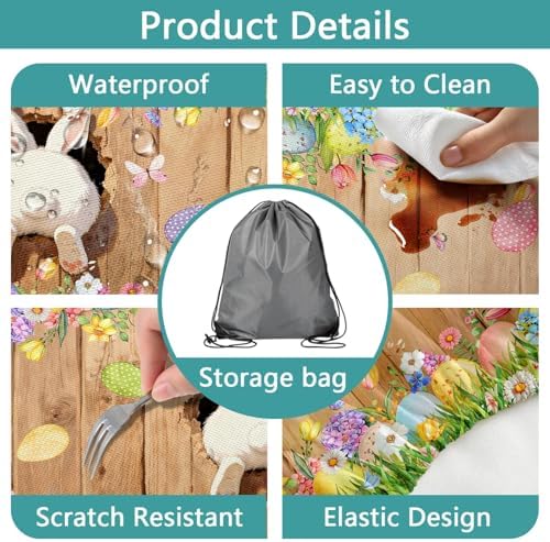 Easter Picnic Table Cover with Bench Covers, Cute Bunny Flower Brown Wooden Board Camping Tablecloth, Waterproof Windproof, Fitted Tablecloth Cover with Elastic Edge, for Outdoor, 3 PCS, 30x60 Inch - Image 4