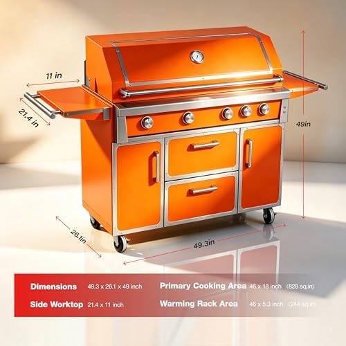 49" Stainless Steel Propane Gas Grill, 4 Burners & Infrared Burner, Orange - Image 3