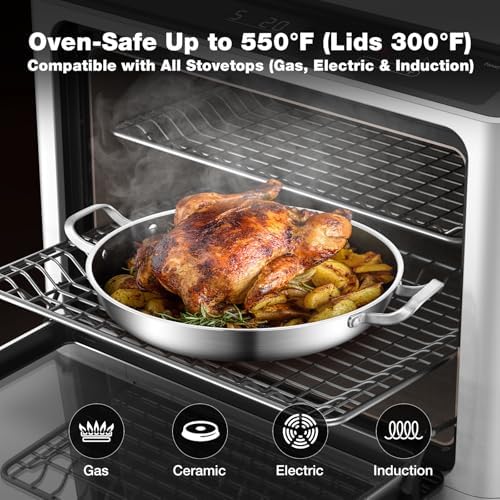 Yeksum Tri-Ply Stainless Steel Paella Pan Large Saute Pan with Lid (Stainless Steel, Hybrid 13.5 INCH) - Image 4