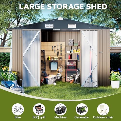 COMHOMA Shed Outdoor Storage Shed Metal,Lockable Doors Tool Sheds with Sloping Roof,Steel Garden Shed with Air Vent for Backyard,Patio,Lawn,Poolside (Brown, 10'x12') - Image 5