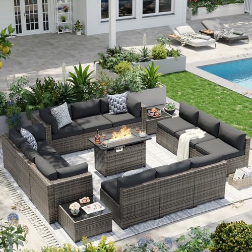 Aoxun Patio Furniture Sets, 15-Piece Outdoor Patio Furniture with 44'' Propane Gas Firepit Table, Wicker Outdoor Conversation Set Sectional Sofa for Backyard, Poolside by Aoxun