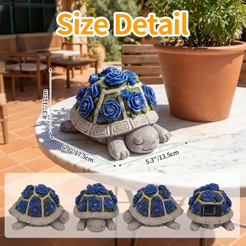Solar Garden Outdoor Decor Turtle Statue, Dark Blue Roses & 7 LED Lights - Image 2