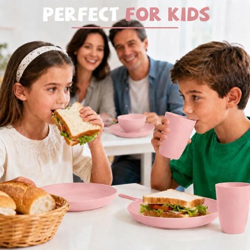 Wheat Straw Dinnerware Sets for 4, 20 Piece Unbreakable Kids Dinnerware Set, Toddler Plates and Bowls Sets, Kitchen Plates and Bowls Set, Lightweight Dish Set for Travel Camping Party - Muted Pink - Image 6