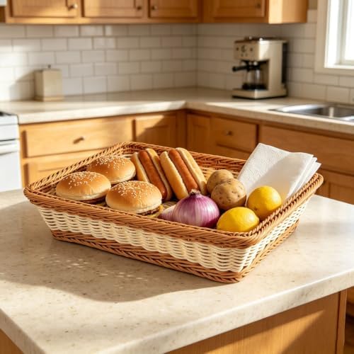 Wicker Bread Basket for Party Food, Rectangle Woven Fruit Basket, Gift Baskets Empty, Sturdy Durable Stackable Storage Baskets for Kitchen, Store, Restaurant, Party (Bicolor, M) - Image 6