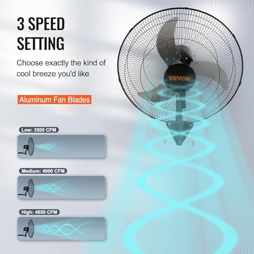 VEVOR 20 Inch Wall Mount Fan, Oscillating, 3-Speed, 4000 CFM, 2 Pack - Image 3