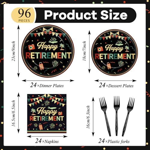 96 PCS Retirement Party Paper Plates Napkins Colorful Vintage Retirement Disposable Party Plates Dinnerware Set Retired Tableware Supplies for Men Women Goodbye Going Away Gatherings Decorations - Image 2