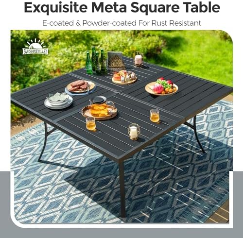 SUNSHINE VALLEY 9pc Patio Dining Set, 57.5" Square Table & 8 Blue Chairs - Image 3