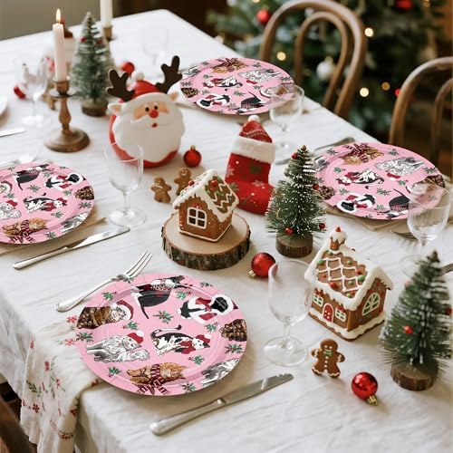 WRAPAHOLIC 25Pcs Christmas Paper Plates - 9 Inch Pink Mistletoe and Cat Disposable Plates Decorative Dinner Plates for Christmas Party Tableware Supplies Table Decor - Image 6