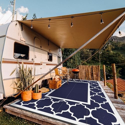 GENIMO Outdoor Rug, Waterproof Plastic Rugs 10'x14' for Camping Blue White - Image 2