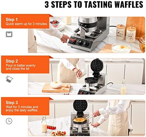 VEVOR Commercial Waffle Maker, 1300W Round Waffle Iron, Non-Stick Rotatable Waffle Baker Machine With 122-572℉ Temp Range and Time Control, Teflon-Coated Baking Pan Stainless Steel Body 110V - Image 6