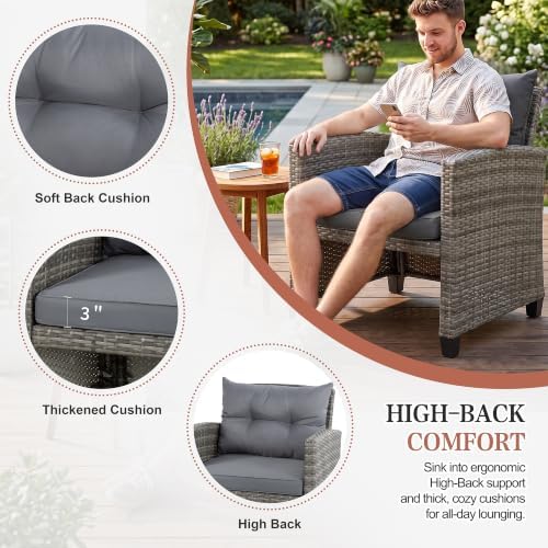 Vongrasig 5 Piece Patio Furniture Set, Small Balcony Furniture, PE Wicker Rattan Patio Chairs Set of 2, Outdoor Lounge Chairs with Cushions Ottomans &Glass Table for Porch Garden(Light Grey) - Image 5