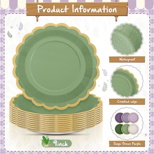 96 Pcs Sage Green Purple Paper Plates 9 Inch Scalloped - Image 4