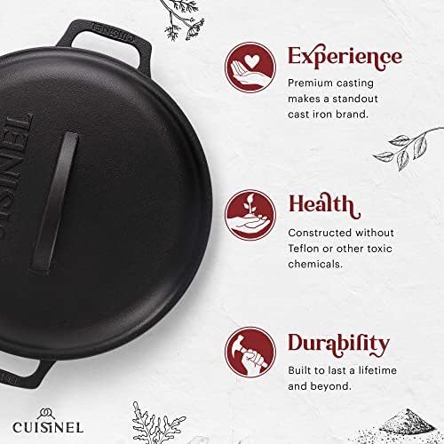 Cuisinel Cast Iron Dutch Oven - 7-Quart Deep Pot + Lid + Pan Scraper + Handle Covers - Large Pre-Seasoned Cooker for Baking Bread, Soup, Frying - Indoor/Outdoor Kitchen, Camping, Fire, BBQ Safe - Image 2