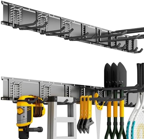 Garage Tool Organizer Wall Mount, 48 Inch Heavy Duty Garden Tool Organizer Storage System, Easy Install with 7 Adjustable Hooks, for Garage, Basement, Shed, Workshop, Black, Steel by CRXCRC