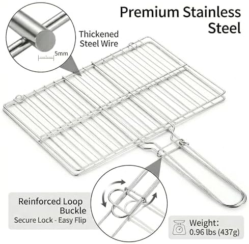 Stainless Steel Fish Grill Basket for Outdoor BBQ, Heavy Duty Lockable Grilling Rack for Fish Vegetables Steak Veggies Shrimp Meat, Portable Campfire Cooking Mesh Grate Tool, 12 x 8 Inch - Image 3