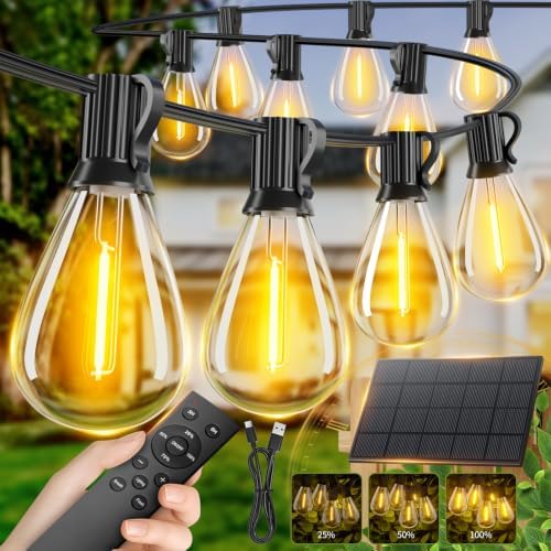 30FT Solar String Lights Outdoor Waterproof, 10+1 LED Solar Powered Lights with Remote Control, 3 Light Modes & Dimmable, USB-C Charging for Patio, Backyard, Garden, Camping by luckystyle