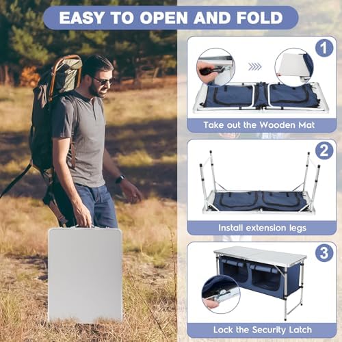 Outdoor Folding Camping Table with Storage Organizer(Blue) - Image 6