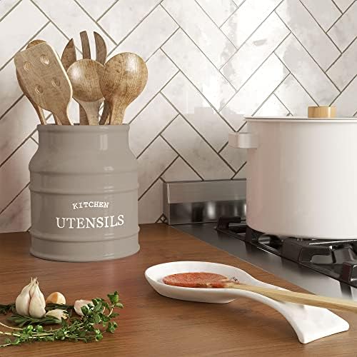 Barnyard Designs Ceramic Kitchen Utensil Holder Countertop 6.75″ (Taupe) - Image 4