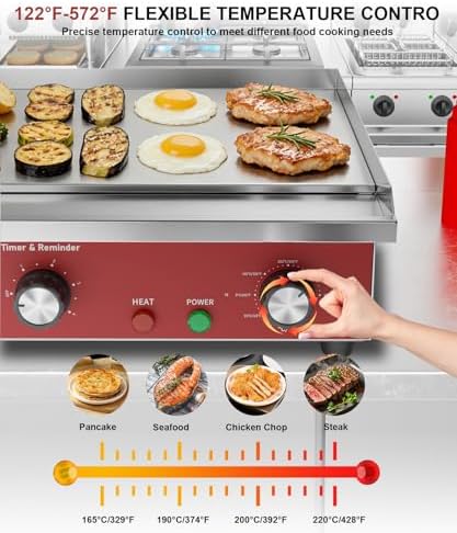 22" Commercial Electric Griddle 1500W, Flat Top Grill with 5-Min Reminder Timer, Adjustable Temp Control (122°F-572°F), Stainless Steel Countertop Griddle for Restaurant & Home Kitchen - Image 4