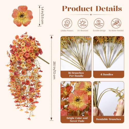 Alupssuc 4 PCS Fall Hanging Flowers Artificial for Outdoor Indoor Decor - Image 2