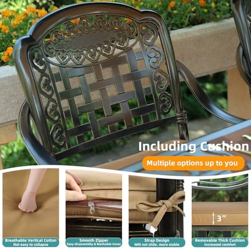 MEETWARM 5 Piece Patio Dining Set, Outdoor All-Weather Cast Aluminum Dining Table Set, Patio Furniture Set for Backyard, Include 4 Chairs with Cushions and a 35.4" Round Table with Umbrella Hole - Image 3