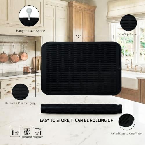 MicoYang Silicone Dish Drying Mat for Multiple Usage,Easy clean,Eco-friendly,Heat-resistant Silicone Mat for Kitchen Counter or Sink,Refrigerator or Drawer Liner Black 4XL 32 inches x 18 inches - Image 2