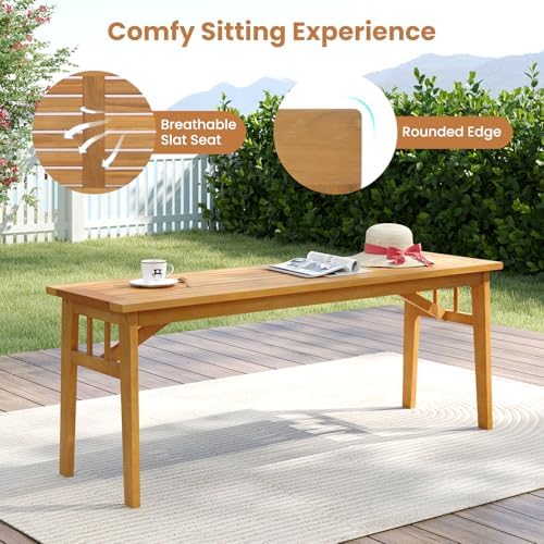 Tangkula 3 Pieces Patio Dining Set, Acacia Wood Space Saving Outdoor Rectangular Picnic Table with 1.97” Umbrella Hole and 2 Benches, for Yard, Garden and Poolside - Image 7