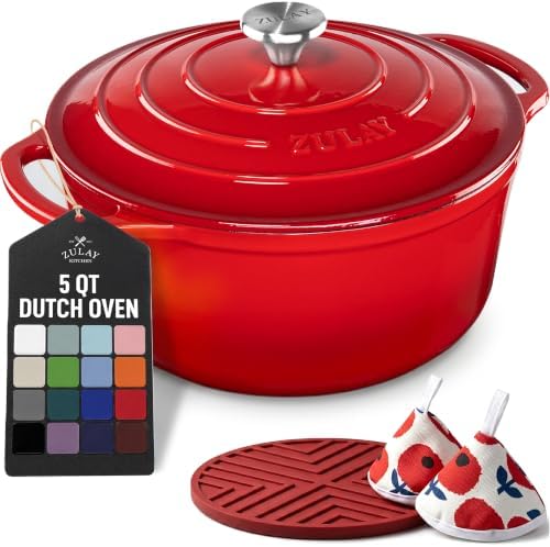 Zulay Kitchen 5 Quart Enameled Cast Iron Dutch Oven Pot with Lid – Premium Durability & Oven Safe up to 500°F – Heavy Duty Cookware Perfect for Bread Baking, Stews, Braising & Roasting – Ablaze Red by ZulayKitchen